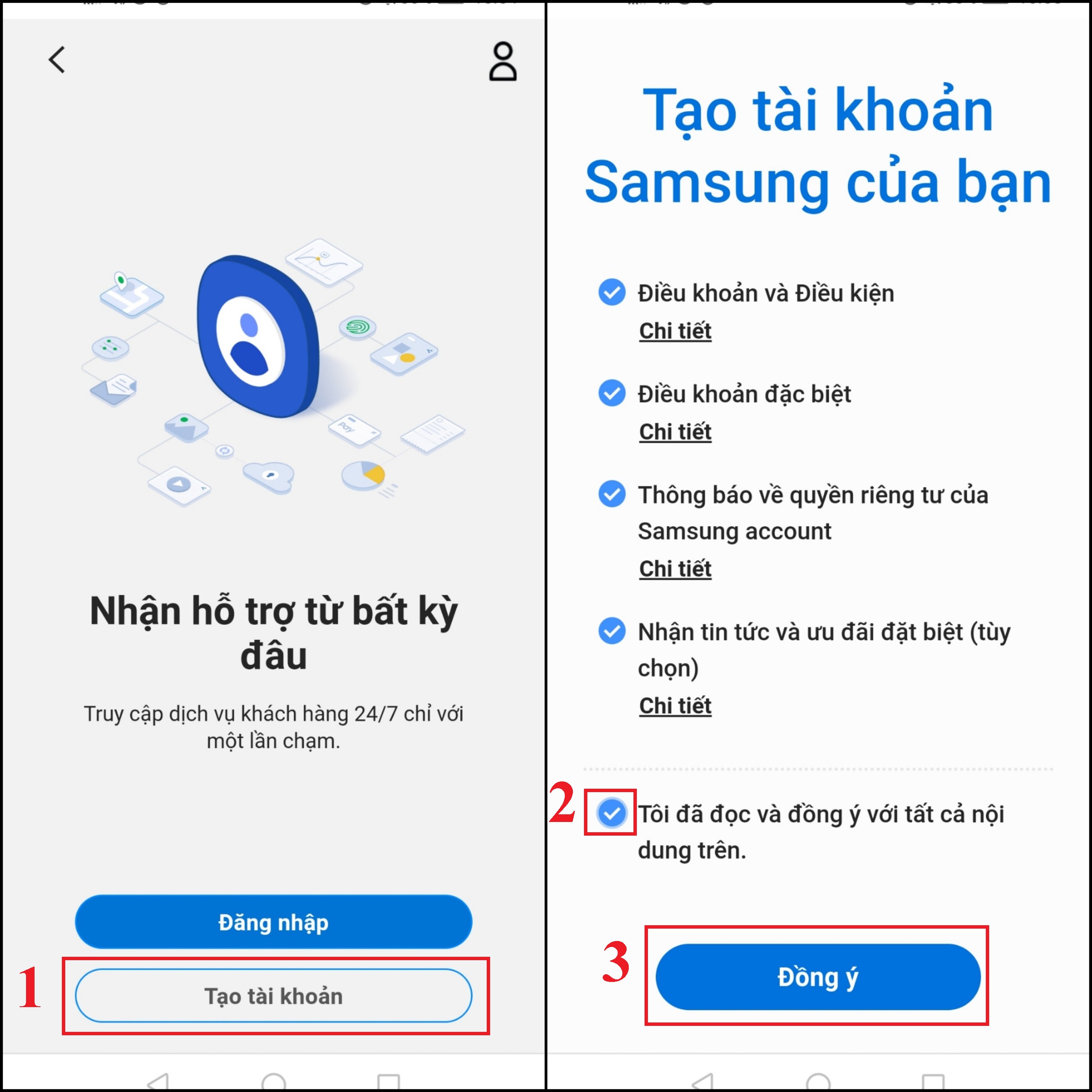 Bạn truy cập trang web Samsung Tại đây và chọn Tạo tài khoản. Sau đó, bạn đọc và đồng ý các Điều khoản, chính sách bảo mật của Samsung > Chọn Đồng ý.