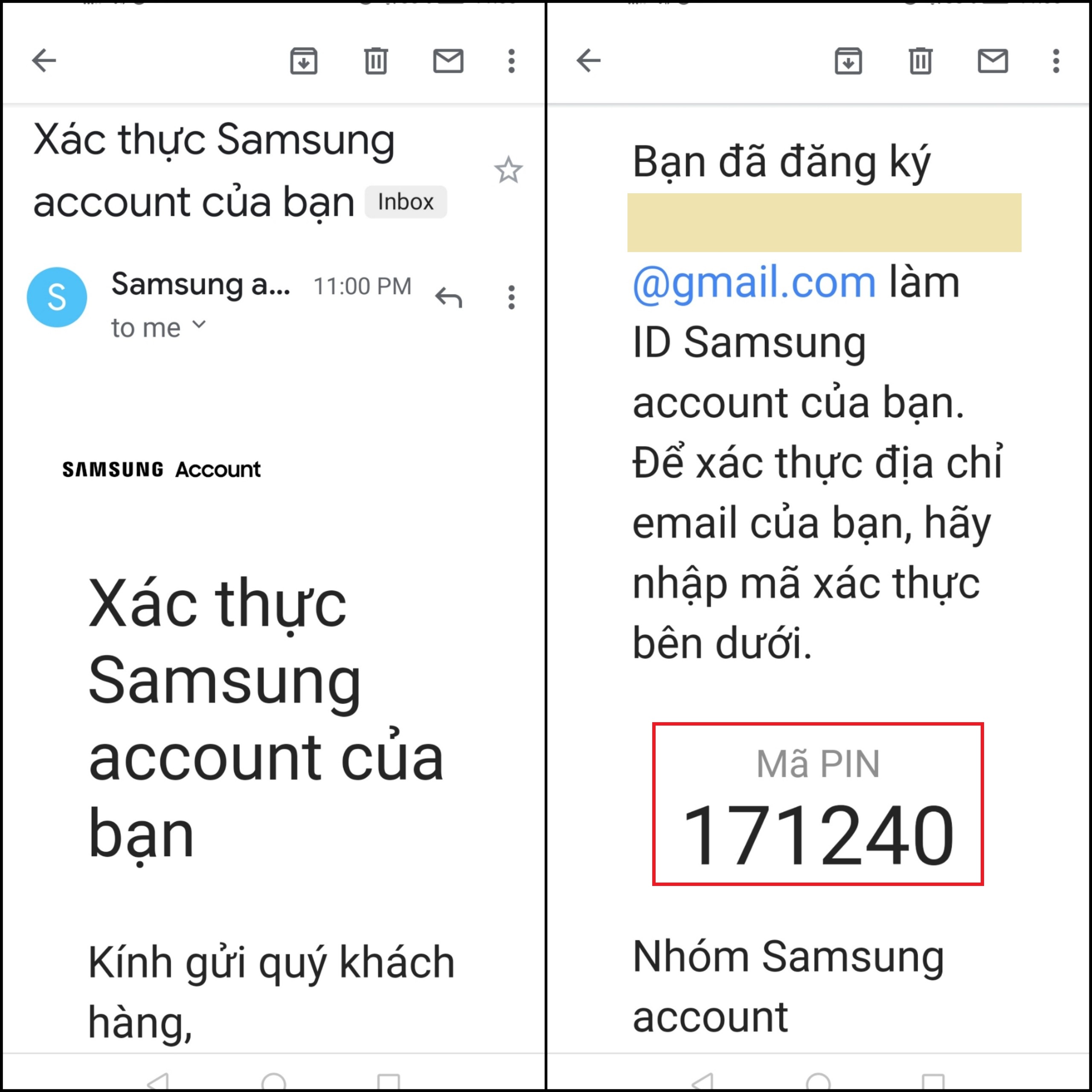 Samsung sẽ gửi mã xác thực về tài khoản Gmail của bạn.