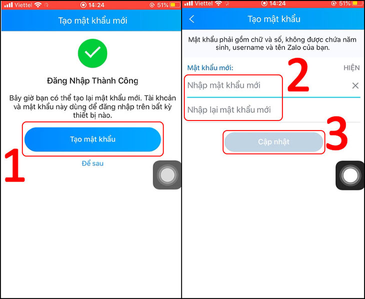 Quên mật khẩu zalo phải làm sao? > Tạo mật khẩu mới và cập nhật