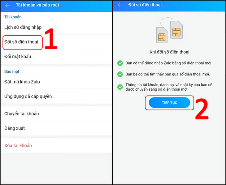 Quên mật khẩu zalo phải làm sao? > Chọn đổi số điện thoại và Tiếp tục