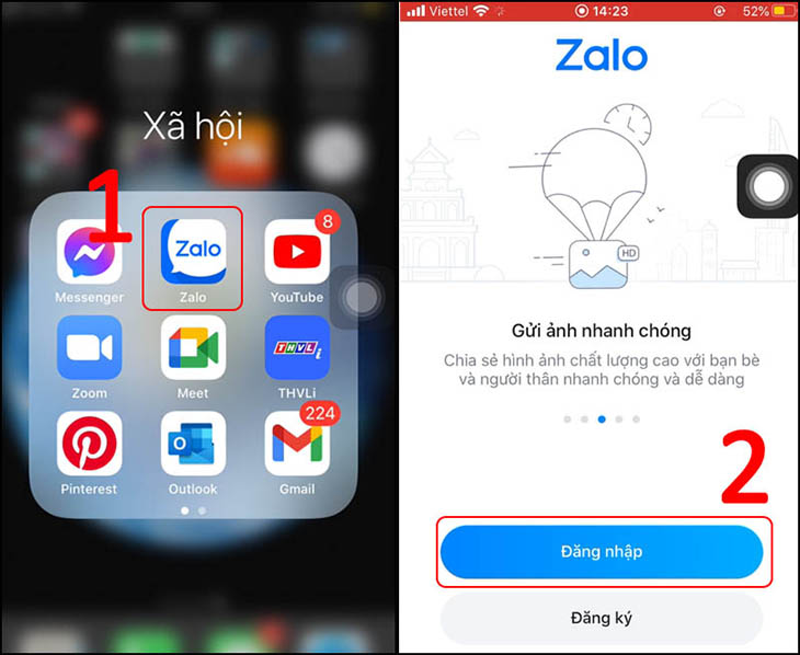 Mở app Zalo và chọn Đăng nhập