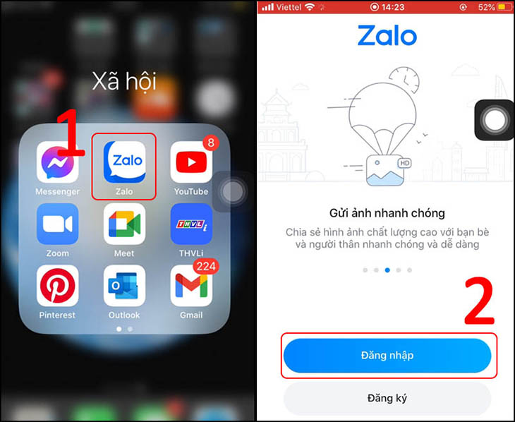 Quên mật khẩu zalo phải làm sao? > Mở app Zalo và chọn Đăng nhập