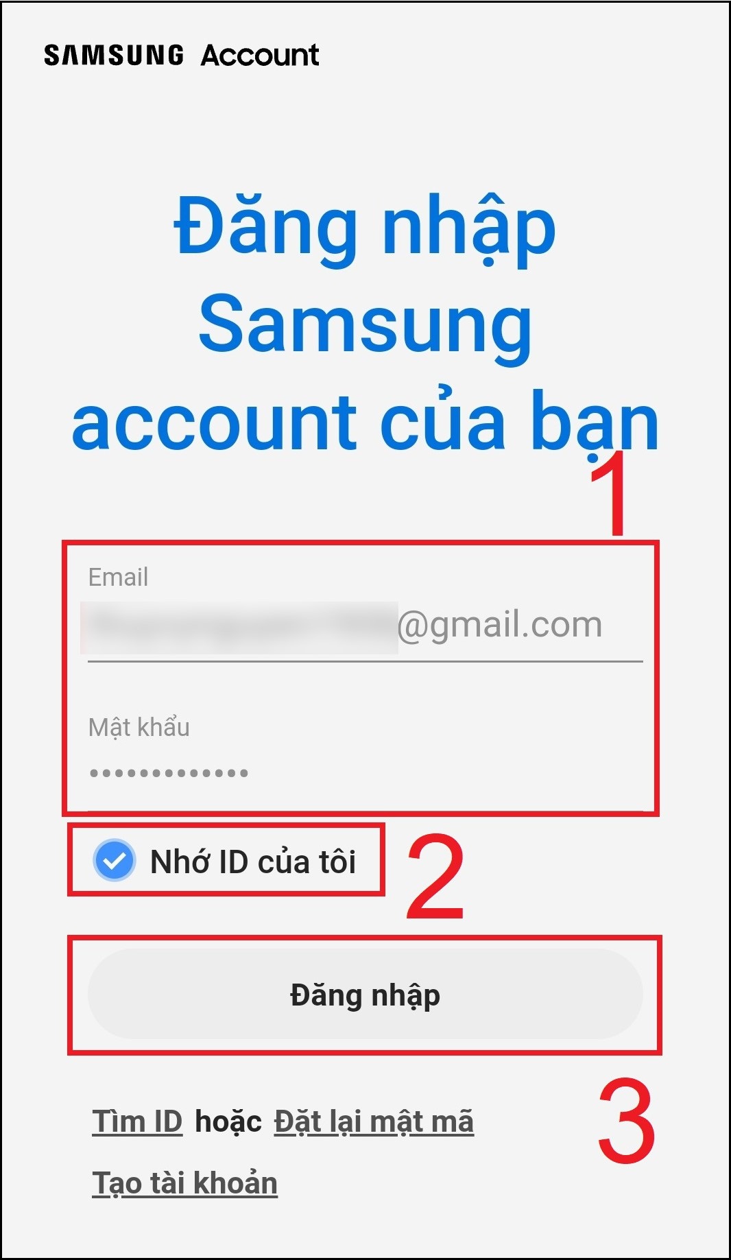 Cuối cùng, bạn nhập lại mật khẩu đăng nhập Samsung Account và chọn Nhớ ID của tôi để thuận tiện cho lần đăng nhập tiếp theo nhé > Chọn Đăng nhập.
