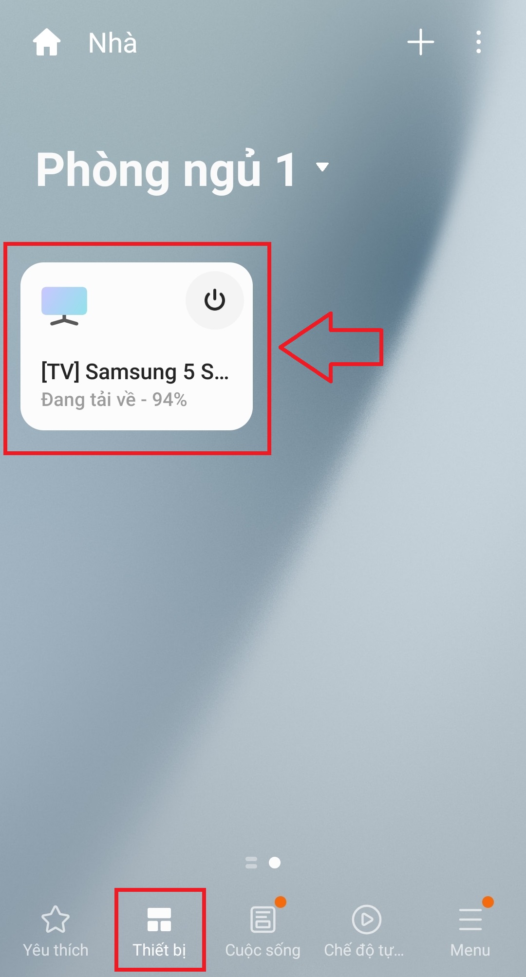 Hướng dẫn sử dụng ứng dụng SmartThings điều khiển Smart tivi Samsung > Tại mục Thiết bị, bạn nhấn chọn tên tivi nhà bạn và đợi vài giây để kết nối điều khiển.