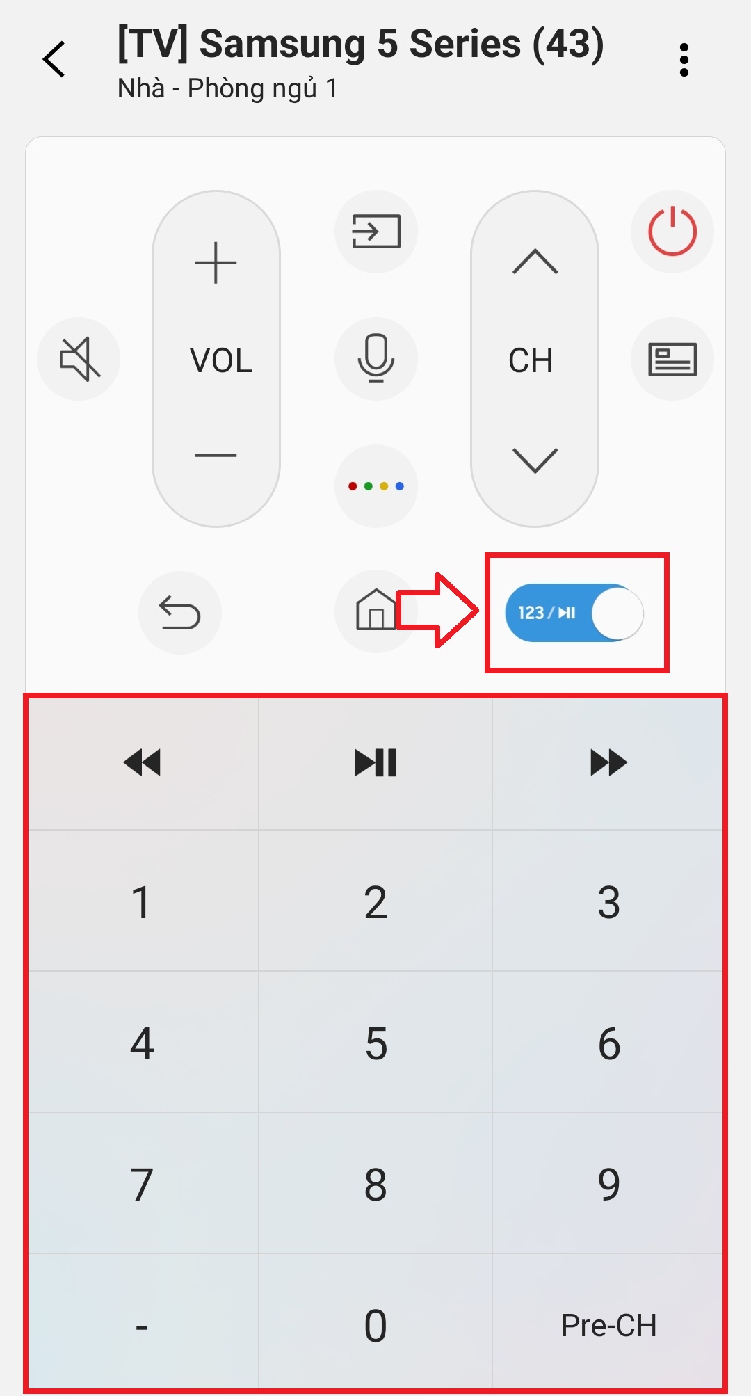 Hướng dẫn sử dụng ứng dụng SmartThings điều khiển Smart tivi Samsung > Chọn vào mục 123/ thay bộ phím điều hướng bằng các phím số