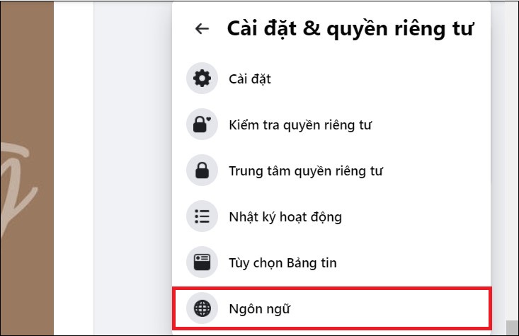 Cách đổi tên tài khoản Facebook trên điện thoại Android, iPhone, iPad, laptop > Chọn Ngôn ngữ.