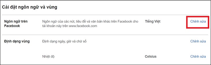 Cách đổi tên tài khoản Facebook trên điện thoại Android, iPhone, iPad, laptop > Chọn Chỉnh sửa trong mục Ngôn ngữ trên Facebook.