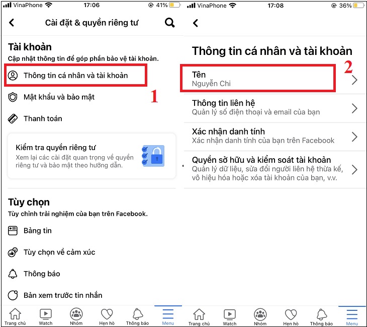 Cách đổi tên tài khoản Facebook trên điện thoại Android, iPhone, iPad, laptop > Chọn Thông tin cá nhân và tài khoản > Chọn mục Tên.