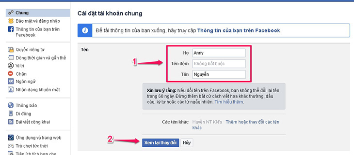 Nhập tên Facebook muốn đổi