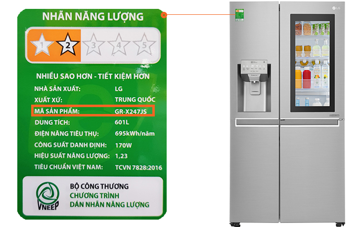 Cách sử dụng bảng điều khiển tủ lạnh LG Inverter GR-X247JS, GR-P247JS > Cách xem mã sản phẩm trên tủ lạnh LG trên tem năng lượng