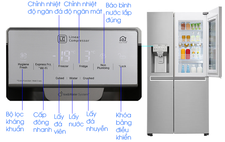 Cách sử dụng bảng điều khiển tủ lạnh LG Inverter GR-X247JS, GR-P247JS > bảng điều khiển