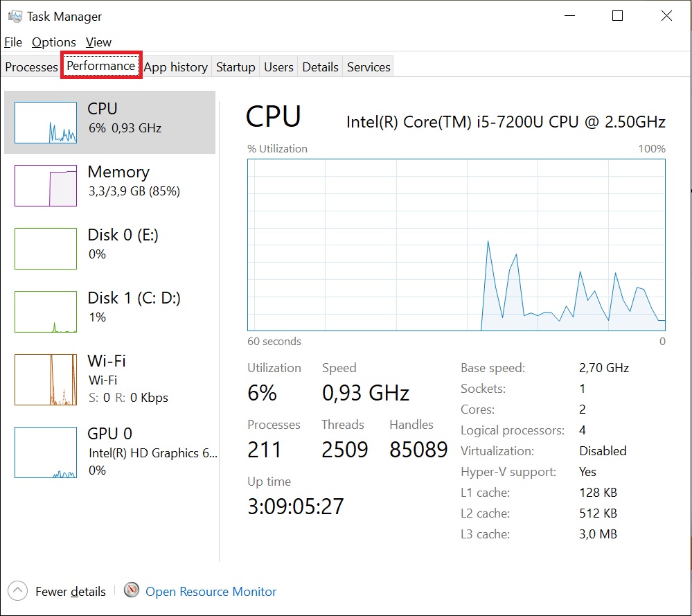 Nhấn tổ hợp phím Ctrl + Shift + Esc > Chọn Performance.