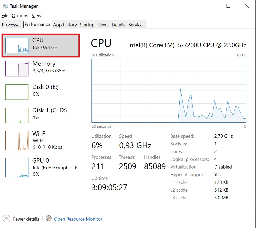 6 cách đơn giản để kiểm tra cấu hình máy tính, laptop không cần phần mềm > Chọn CPU để xem tên CPU và xung nhịp tối đa ở phần Base Speed.