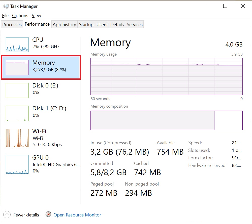 6 cách đơn giản để kiểm tra cấu hình máy tính, laptop không cần phần mềm > Chọn Memory để xem dung lượng tối đa ở ngang chữ Memory, phần BUS RAM được ghi ở Speed.