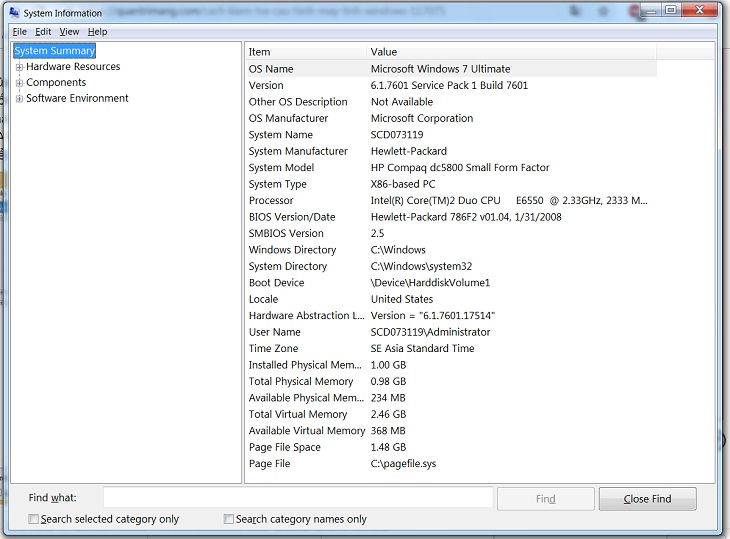 6 cách đơn giản để kiểm tra cấu hình máy tính, laptop không cần phần mềm > Cửa sổ System Information