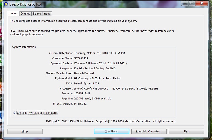 6 cách đơn giản để kiểm tra cấu hình máy tính, laptop không cần phần mềm > Cửa sổ DirectX Diagnostic Tool