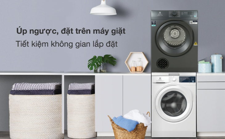 Máy sấy thông hơi Electrolux 8.5 kg EDV854N3SB có thể đặt hoặc úp ngược lên máy giặt hay máy sấy khác dễ dàng