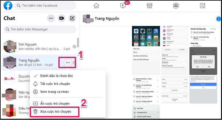 Xóa tin nhắn trên Messenger qua điện thoại và máy tính cực kỳ đơn giản > Tiếp tục vào kí hiệu 3 ba chấm ở cuộc đối thoại muốn xóa, chọn nút Xóa cuộc trò chuyện.