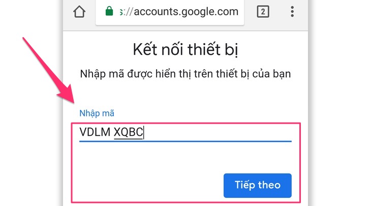 Nhập mã kết nối trên điện thoại