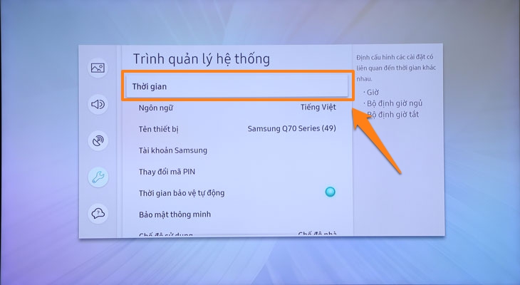 Cách hẹn giờ tắt, bật cho Smart tivi Samsung > Chọn Thời gian