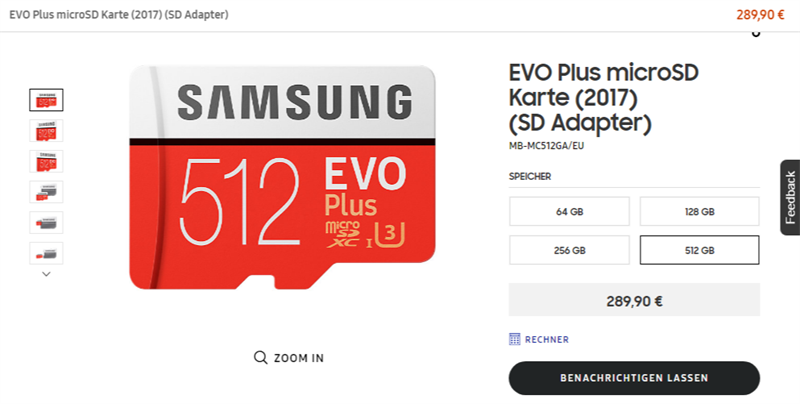 Giá bán của Samsung microSD 512 GB