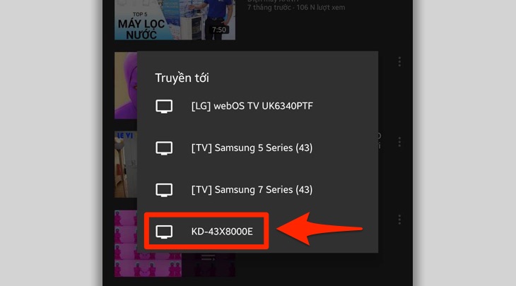 Cách chia sẻ video youtube từ điện thoại, máy tính bảng, laptop lên Android tivi Sony 2018 > Điện thoại đang tìm kiếm tivi