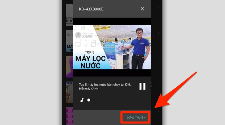 Cách chia sẻ video youtube từ điện thoại, máy tính bảng, laptop lên Android tivi Sony 2018 > Dừng chia sẻ video Youtube trên điện thoại