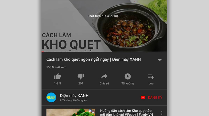 Cách chia sẻ video youtube từ điện thoại, máy tính bảng, laptop lên Android tivi Sony 2018 > Giao diện trên điện thoại khi chia sẽ video trên tivi
