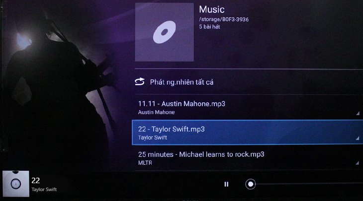 Cách xem phim, nhạc, ảnh trong USB trên Android tivi Sony 2018 > Bài hát đang được phát ngay trên tivi.