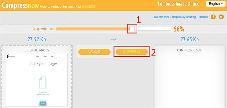 Điều chỉnh thanh nén dung lượng bên trên > Nhấn Compress để tiến hành giảm dung lượng ảnh