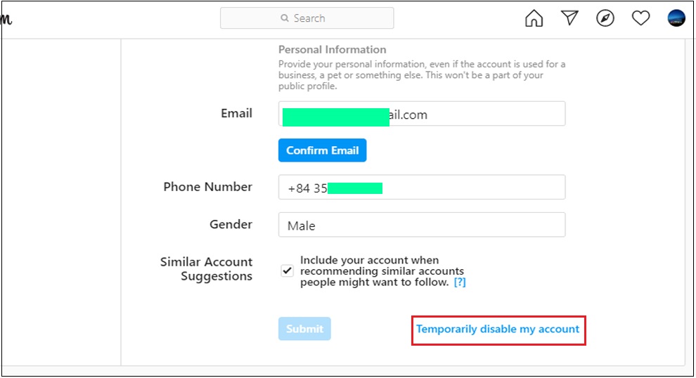 Bước 3: Nhấn chọn Temporarily disable my account