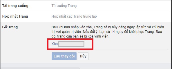 Cách xóa trang - fanpage trên Facebook khi không dùng tới > Bước 3: Bấm vào dòng chữ Xóa Tên fanpage của bạn