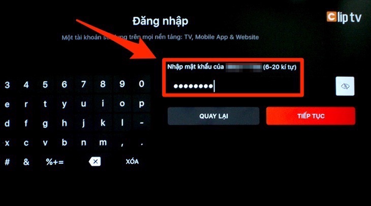 Phần Đăng nhập trên ứng dụng Clip TV