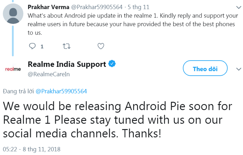 Chính thức: Realme 1 sắp được cập nhật Android 9 Pie