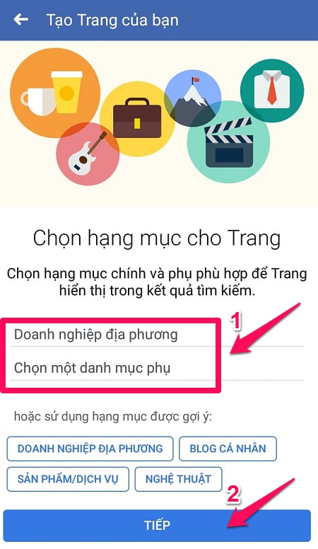 chọn hạng mục cho fanpage trên điện thoại