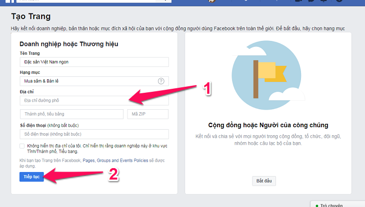 nhập thông tin địa chỉ và số điện thoại fanpage