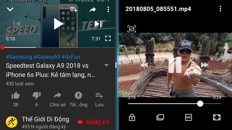 Khi xem video ở cửa sổ ứng dụng bên phải, thì cửa sổ ứng dụng video bên trái bị tạm ngưng