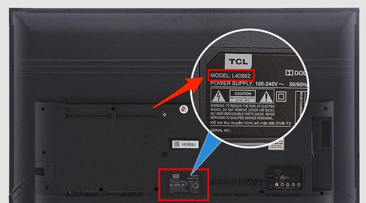 Tên model tivi được hiển thị ở mặt sau tivi TCL