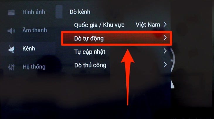 Giao diện cài đặt dò kênh trên tivi TCL