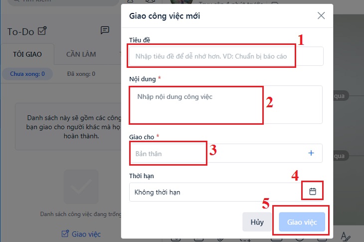 Bạn nhập các thông tin công việc cần giao cho người khác