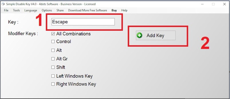 Bước 2: Mở phần mềm, tại ô khung Key, bạn có thể chọn một phím bất kỳ trên bàn phím mà bạn muốn vô hiệu hóa > Chọn Add Key