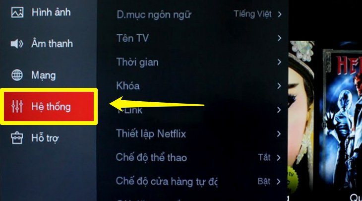 Chọn vào mục hệ thống