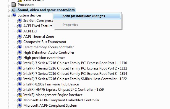 Chọn Scan for hardware changes