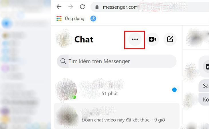 Cách ẩn thời gian truy cập trên Messenger bằng máy tính và điện thoại > Chọn biểu tượng ba chấm bên trái màn hình