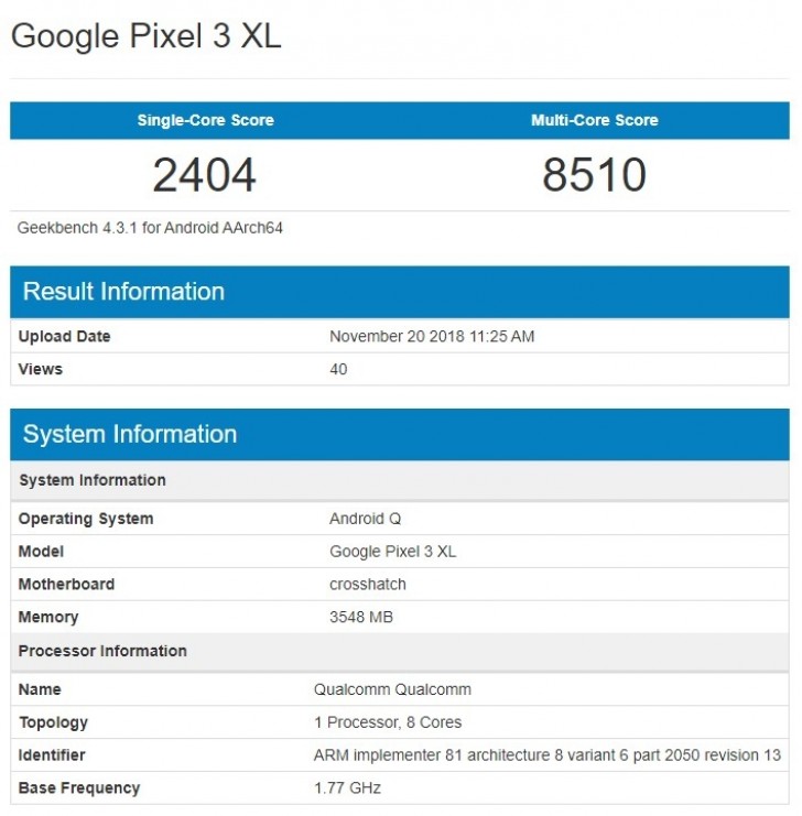 Google Pixel 3 XL chạy Android Q bất ngờ xuất hiện trên Geekbench