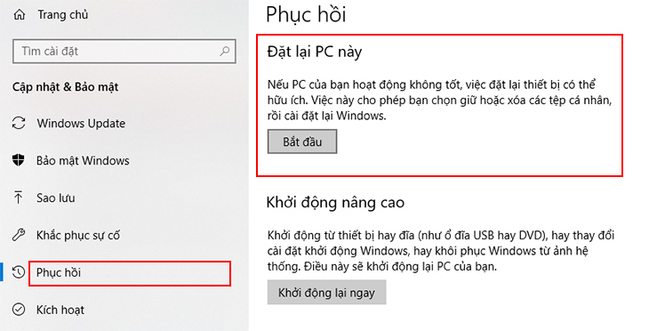 Trong tab Phục hồi, bạn chọn Bắt đầu tại mục Đặt lại PC này.