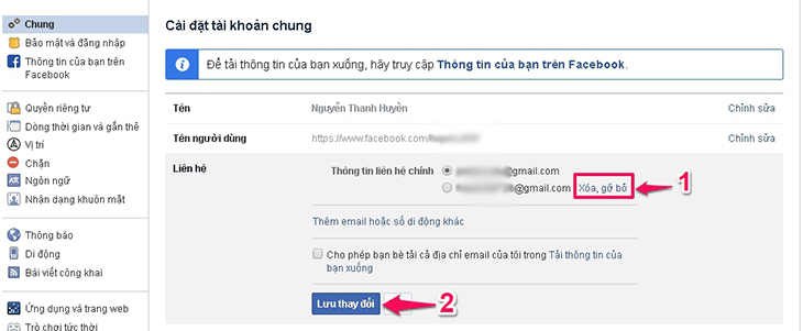 Cách thêm và xóa email khỏi tài khoản facebook cá nhân > Cách xóa địa chỉ email khỏi tài khoản Facebook - Bước 2