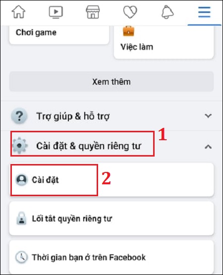 Vào mục Cài đặt và quyền riêng tư, rồi chọn tiếp phần Cài đặt.