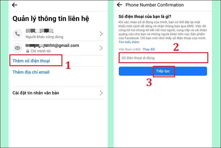 Chọn phần Thêm số điện thoại, bạn tiến hành nhập vào số điện thoại của mình và nhấn nút Tiếp tục.