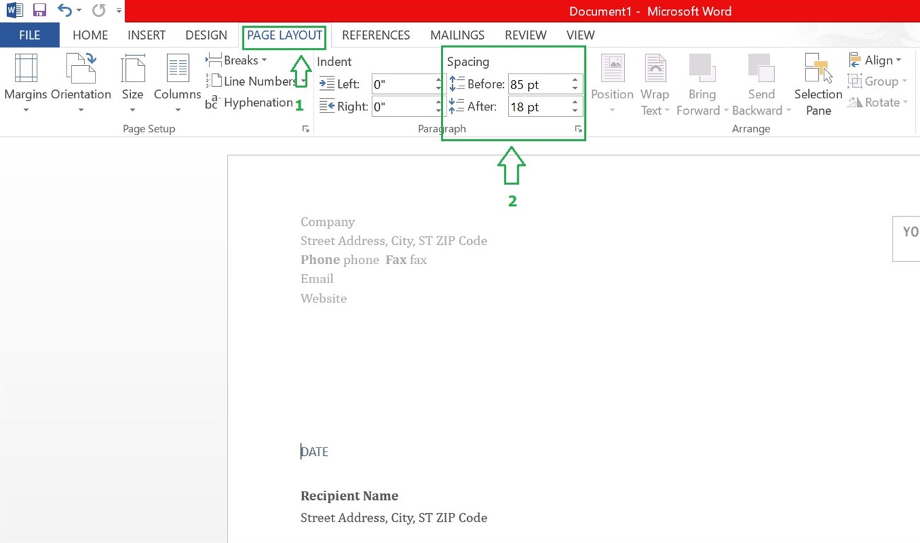 Chọn Spacing trên mục Page layout